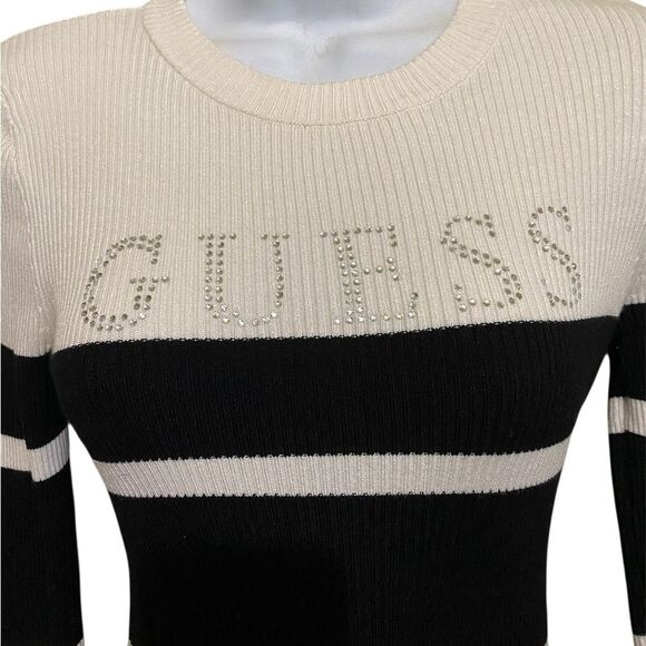 Guess Slim Fit Ribbed Knit Top Crew Neck Black Ivory Strip Bling Logo Y2K SZ SM - Picture 2 of 9